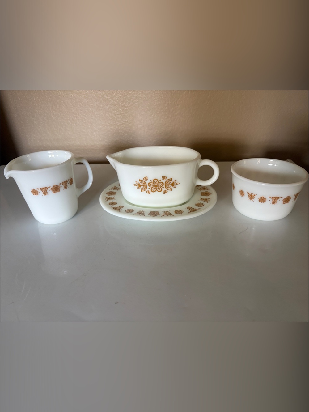 White Milk Glass Creamer, Sugar and Gravy boat Set Butterfly Gold